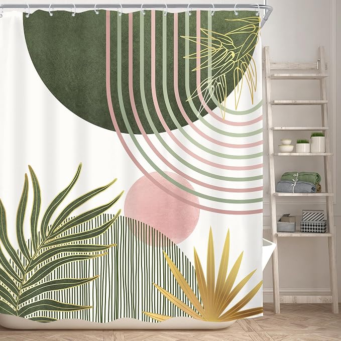 KOMLLEX Mid Century Sage Green Pink Boho Shower Curtain 60Wx72L Inches Abstract Modern Shower Curtains for Bathroom Plant Botanical Minimalist Arch Sun Fabric Liner Waterproof Polyester 12 Pack Hooks