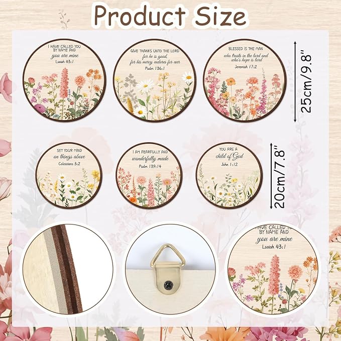 TOARTi 6pcs Christian Floral Round Wall Art Set(9.9”x3/7.9”x3),Vintage Wildflower Bible Verse Hanging Sign Flowers Wooden Wall Art Scripture Botanical Religious Wall Decor for Church Living Room