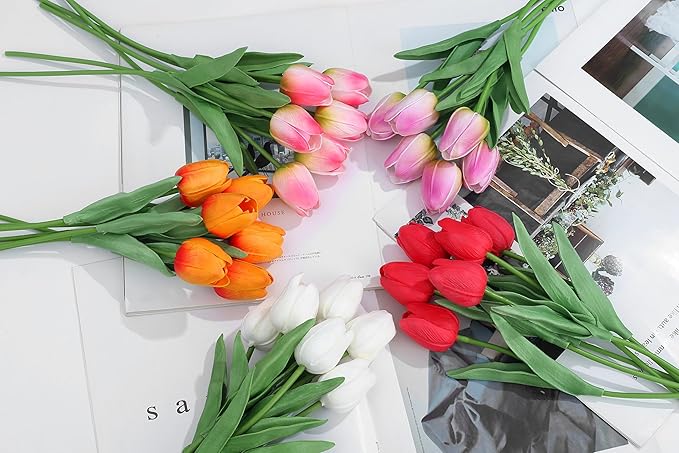 20pcs Tulips Artificial Flowers for Real Touch Fake Tulips Slik Faux Flowers for Summer Wedding Bouquet Mother's Day Decor (5 Color 14 Inches)