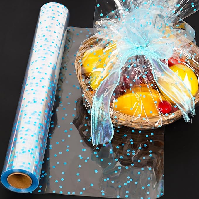 CMFYHM Clear Cellophane Wrap Roll (34" x 100’Ft) Blue Polka Dot Cellophane, Transparent Cellophane Wrap Roll for Treats, Gifts, Baskets, Flowers, Birthday Party,Easter, Christmas Decorations