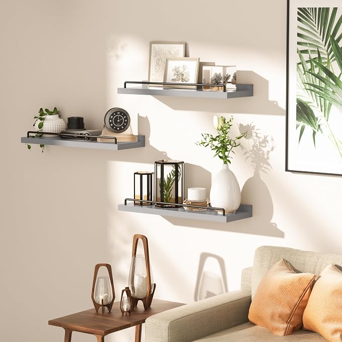 RYOFOBETTO Floating Shelves for Wall Decor, Grey Shelves for Bathroom, Living Room, Bedroom, Picture Frames, Plants, Kitchen (Set of 3)
