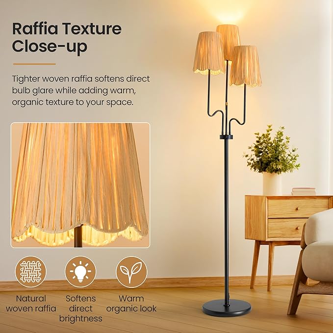Raffia Floor Lamp, 68in. Dimmable Boho Floor Lamps with Natural Raffia Shade, 3-Light Standing Lamp with Weighted Base, Soft Uplight for Living Room, Bedroom, Reading Corner (Dimmable-Raffia Shade)