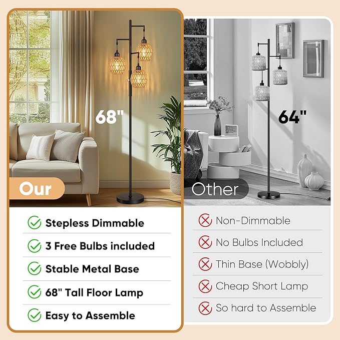 ROTTOGOON Dimmable Boho Floor Lamp - 3 Light Farmhouse Rattan Floor Lamps for Living Room, Tree Floor Lamps with Bohemian lampshades, Rustic Standing Tall Lamps for Bedroom, Office, 68", 6W, Black