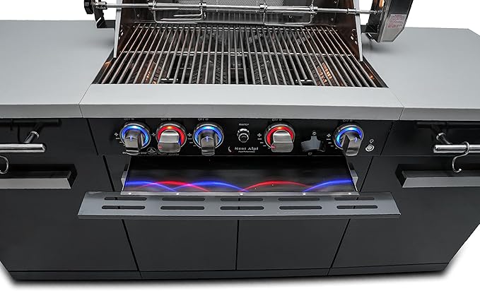 Mont Alpi MA-957 5-Burner 63000 BTU Black Stainless Steel Outdoor Kitchen Bar Gas Island Grill with Infrared Rear Burner + Rotisserie Kit + Granite Countertop + Storage Cabinets & Full Weather Cover