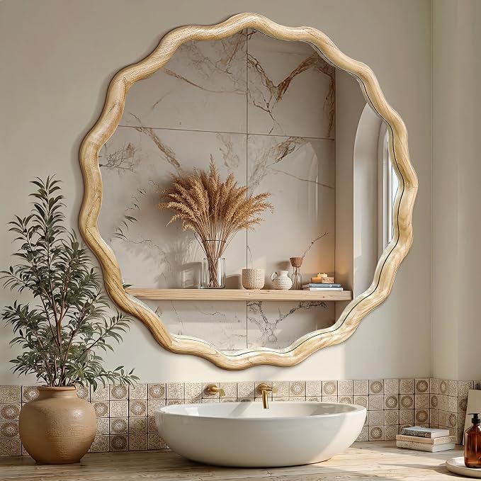 Circle Wood Mirrors for Wall, Wavy Round Bathroom Scalloped Mirror Wooden Frame 36 Inch for Living Room Farmhouse Bedroom Hallway Entryway Living Room with Shatterproof Glass Wall Mounted