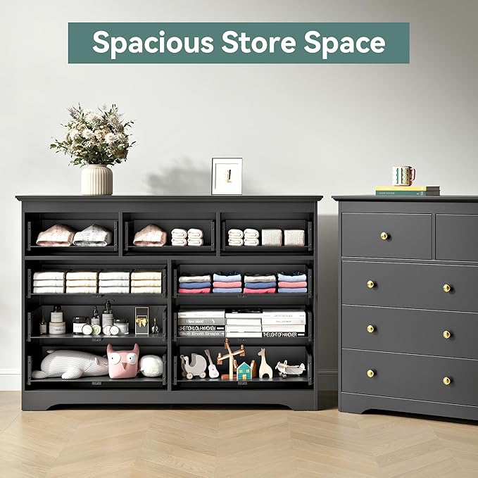 Black Dresser for Bedroom，55" Wide 9 Drawers Dressers,Modern Wooden Chest for Living Room, Hallway