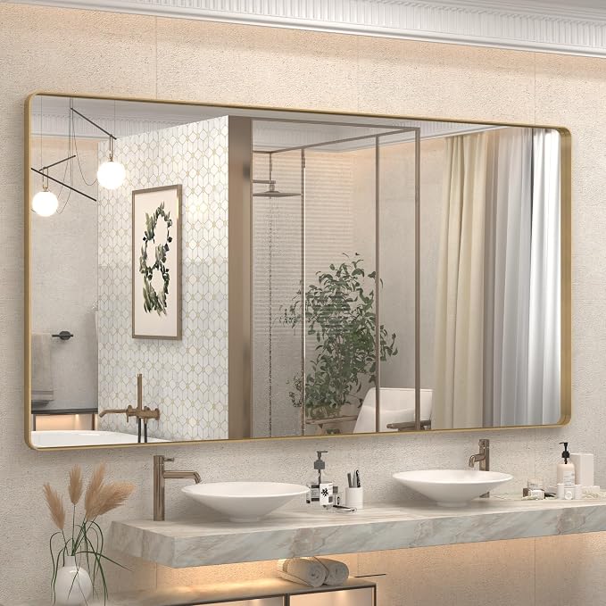 66x36 Inch Gold Bathroom Mirror, Brushed Metal Frame Gold Vanity Mirror, Large Rectangle Mirror for Wall, Rounded Corner, Shatterproof, Anti-Rust (Horizontal/Vertical)