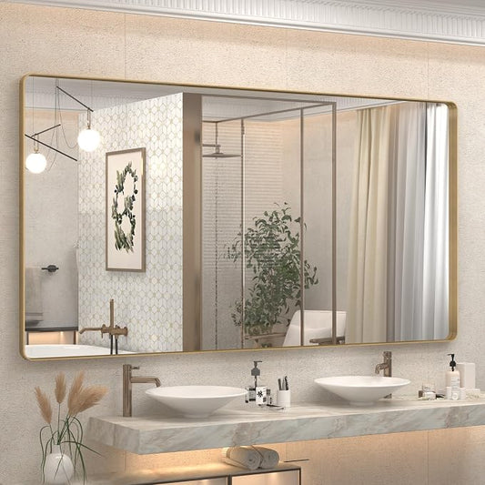 66x36 Inch Gold Bathroom Mirror, Brushed Metal Frame Gold Vanity Mirror, Large Rectangle Mirror for Wall, Rounded Corner, Shatterproof, Anti-Rust (Horizontal/Vertical)