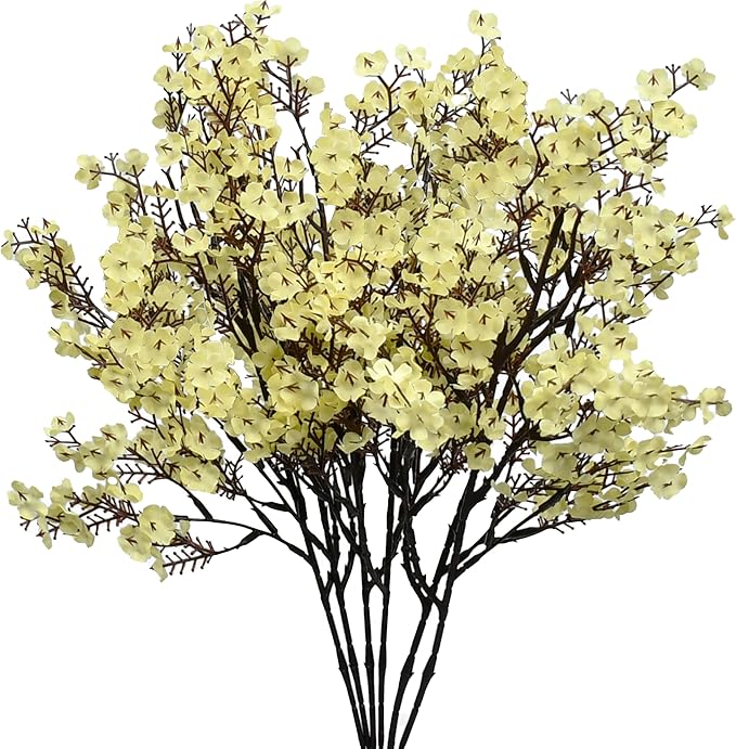 Mandy's Light Yellow Artificial Baby’s Breath European Flowers 6 Bundles Silk Gypsophila with Bendable Stems for Fall Thanksgiving & Christmas Centerpiece Wedding Decor and Table Arrangements