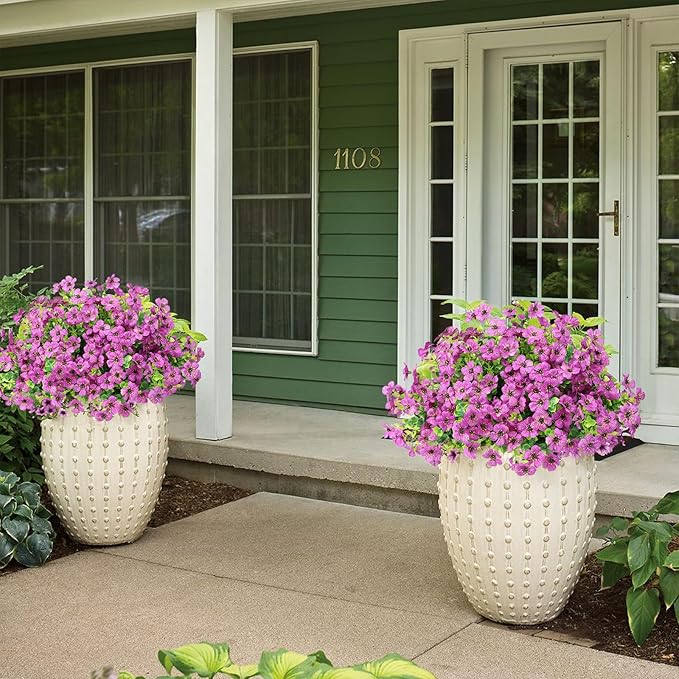 Artificial Flowers Outdoor Faux Plants UV Resistant Fake Patio Flowers Plastic Greenery Plnats Outside Bulk for Spring Garden Hanging Planter Home Vase Decor, 12 Bundles (Purple)