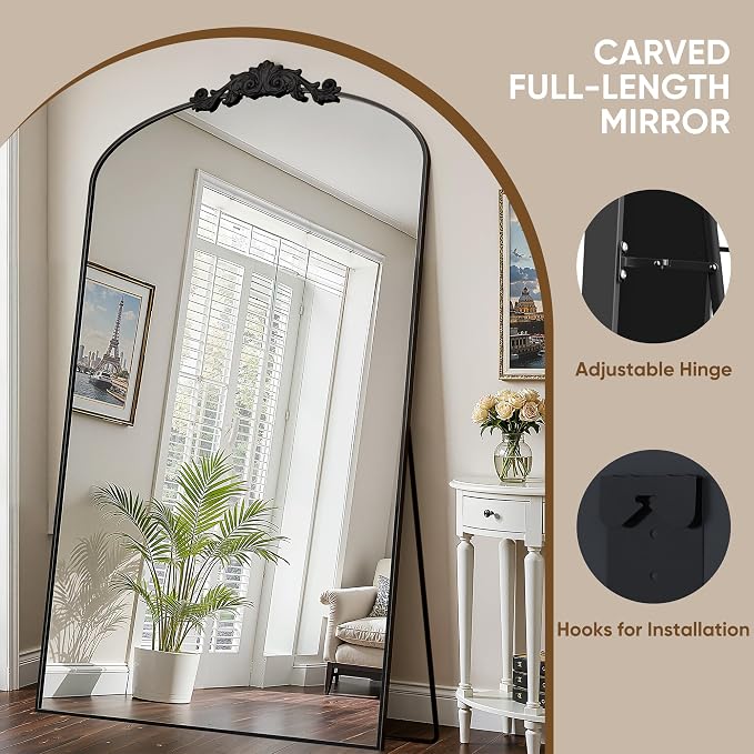 Antok Arched Full Length Mirror, 72"x44" Floor Mirror with Carved, Full Body Mirrors for HomeDecor, Standing/Halling Large Wall Mirror for Bedroom, Living Room, Cloakroom, Black, Retro Style