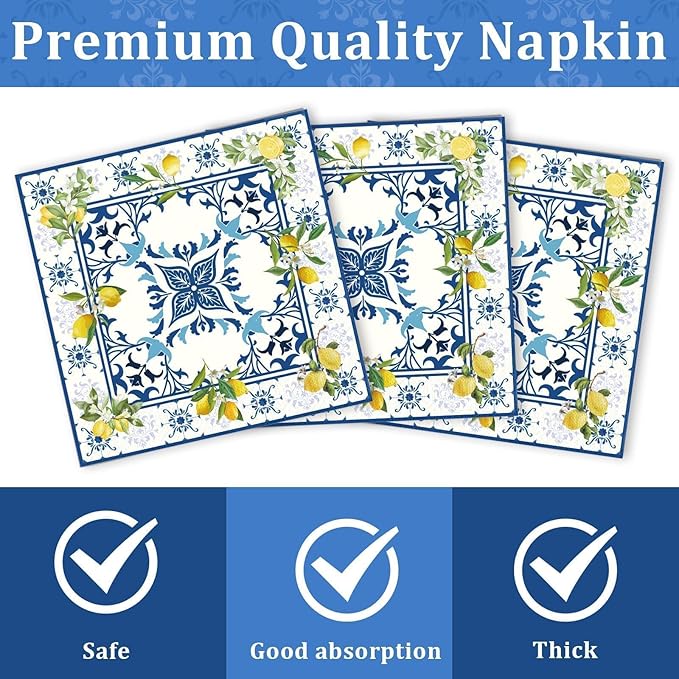 Amalfi Coast Plates and Napkins for Birthday Decorations Kit, Capri Lemon Tableware Supplies for Lemon Theme Summer Decor, Service 24 Guests