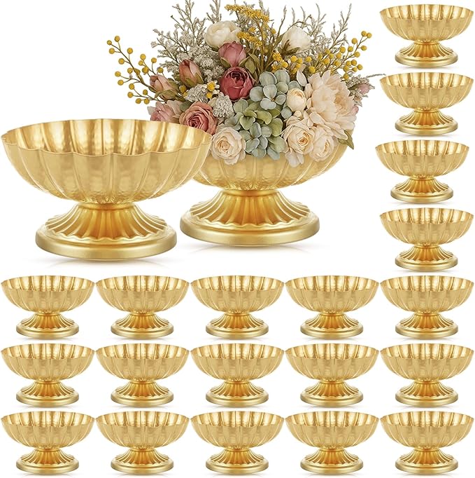20 Pcs Metal Compote Bowl for Centerpiece Flower Holder Small Compote Vase Indoor Outdoor Flowers Fruits Plant for Christmas Wedding Home Party Decoration (Medium,Bright Gold)