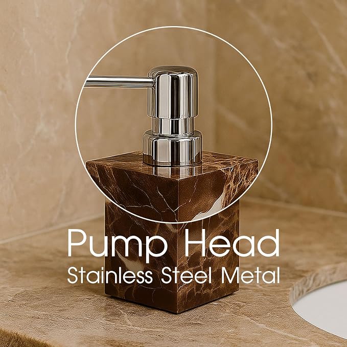 2 Pack Real Natural Marble Soap Dispenser with Stainless Steel Pump Decorative Liquid Hand Soap Bottle for Kitchen Bathroom, Compatible with Lotion, Dish Soap Shower Gel (Brown 2 Set)
