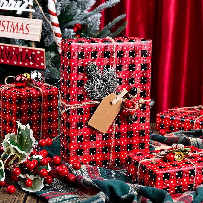 MAYPLUSS Wrapping Paper Roll 17in* 32.8 feet Red and Black Plaid with White Star for Christmas,Birthday,Party,Holiday,Vintage Wrapping Paper for all Occassions (TTL:46.8sqft)