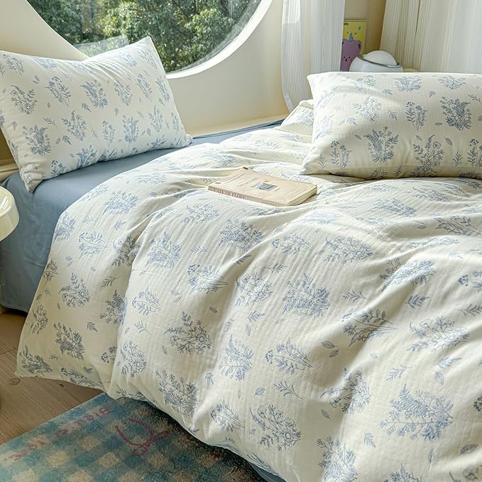 LifeTB Muslin Duvet Cover Set Twin XL Vintage Botanical Floral Duvet Cover 100% Cotton Linen Feel Flower Bedding Set Soft Gauze Comforter Cover Breathable Lightweight Cottagecore Bedding Set
