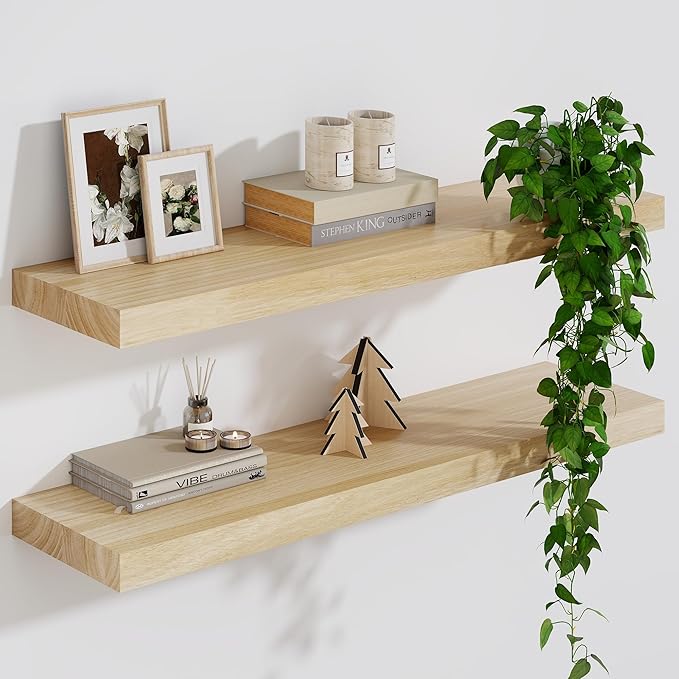 Wood Floating Shelves For Wall, 24”W x 9”D x 1.56”H Deep Wood Wall Shelves for Living Room Bedroom Bathroom Kitchen Drcor Storage with Invisible Heavy-Duty Metal Bracket, Natural Finish, Set of 2