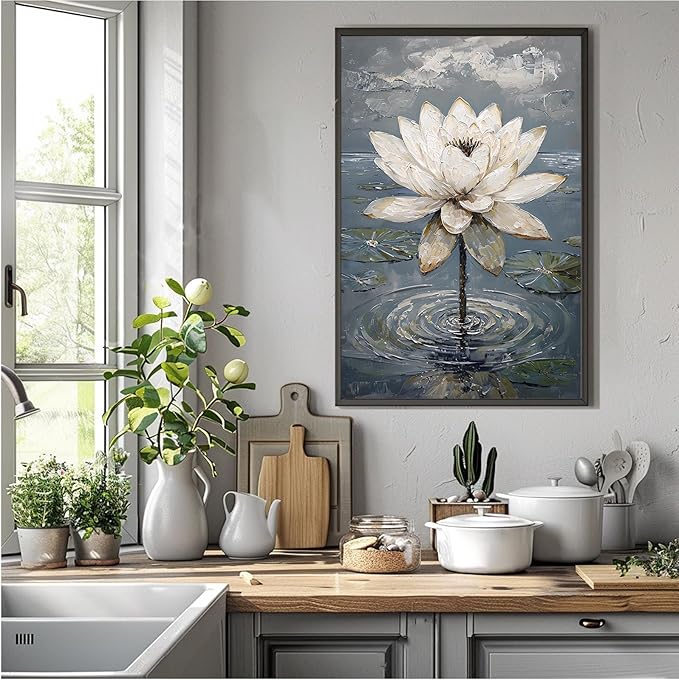 Stunning white lotus emerges from prismatic water with delicate petals background Serene aquatic wall art suitable for modern minimalist decor 20x30in Metal blackFramed