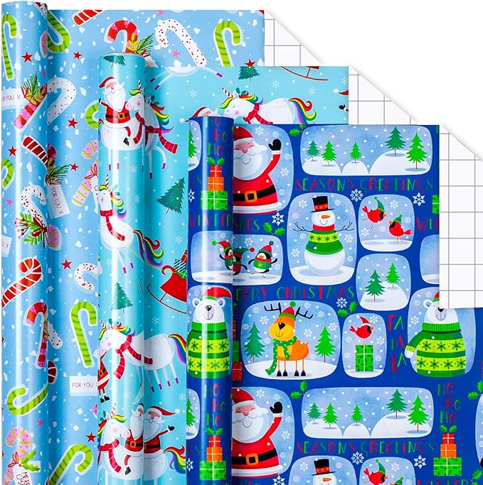 MAYPLUSS Christmas Gift Wrapping Paper - 17In x 120In Per Roll - Magic Fairytale Santa Claus and Unicorn, Santa Reindeer, Candy Christmas Winter Holiday Gift Wrap Paper for Housewarming, Party