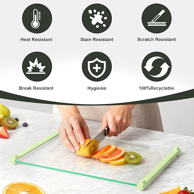 2PCS Glass Cutting Board with Silicone Grip, 80% Stronger Shatter Resistance and Slip Resistance,No Scratches/Microplastic-Free,Dishwasher Safe, Non Toxic Chopping Board for Kitchen (Green)