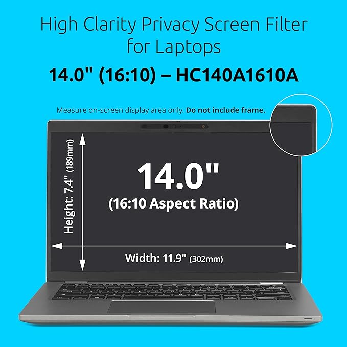 Kensington High Clarity Privacy Screens Filter for 14 inch 16:10 Laptops, Easy Installation Privacy Filter, Anti-Glare, 2H Hardness Protection, Compatible with HP Lenovo Samsung Asus, HC140A1610A