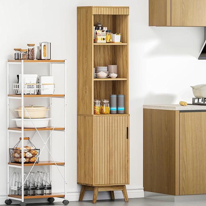 Bifins 68" Tall Bathroom Storage Cabinet,Narrow Fluted Tower Cabinet with Door and Shelves,Slim Space Saving Storage Unit for Bathroom Kitchen Living Room (Natural, 11.8" D x 15.75" W x 68" H)