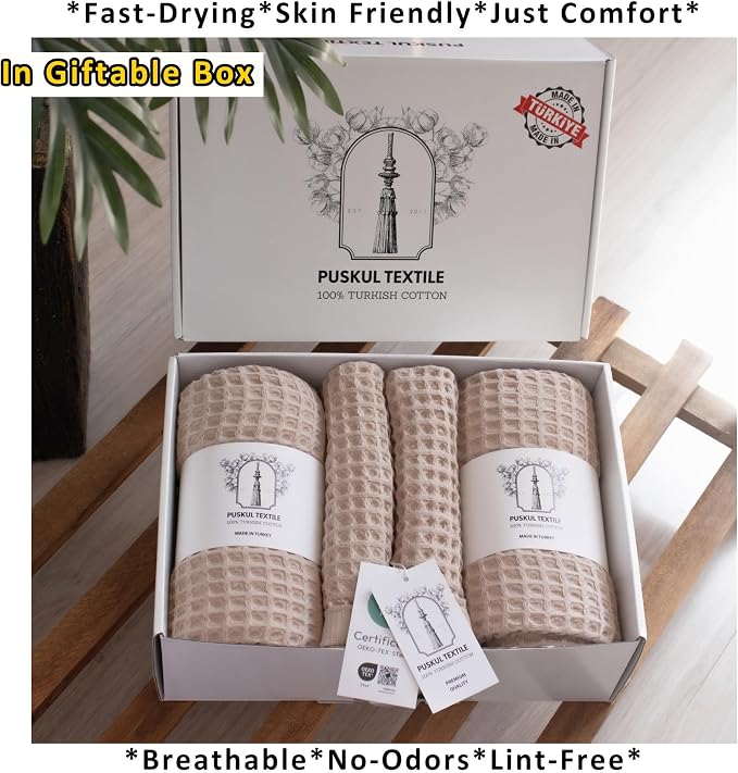 PÜSKÜL 4-Piece Natural 100% Turkish Cotton Luxury Waffle Towels for Bathroom | Premium Honeycomb Weave 2 Hand Towel & 2 Bath Towel Set | Soft Absorbent Quick-Dry Lightweight Towels (Beige)