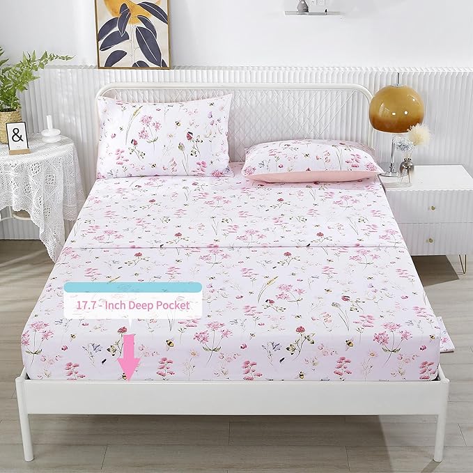 RYNGHIPY Shabby Floral Bees Print Bedding Sheets with Pillowcases, Breathable Egyptian Cotton Bed Sheet Set (Bee,King Size)