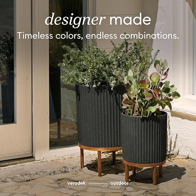 Veradek Demi Series Round Planter w/ Stand for Porch/Patio | Durable Plastic-Concrete & Wooden Stand | Modern Décor for Tall Plants, Flowers