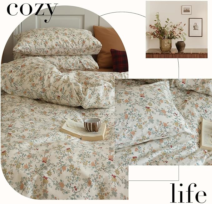LifeTB Vintage Flower Duvet Cover Set Twin 100% Cotton Botanical Floral Duvet Cover Chic Branches Floral Bedding Set Flower Blossom Comfoter Cover with Zipper Ties Cottagecore Bedding Set