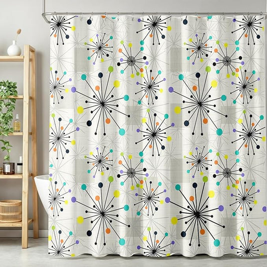 Mid Century Modern Shower Curtain,Retro Abstract Atomic Starburst Geometric Diamond Pattern Shower Curtains Set for Bathroom Fabric Decorative Bath Curtain Washable Curtain Hooks, 72x72”