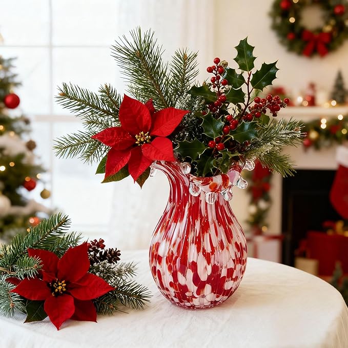 QFkris Hand Blown Glass Vase for Flowers, 8 Inch Red Crystal Bubble Flower Vases for Bouquet Home Decor Decorative Centerpieces, Unique for Mom, Valentine's Day Gift for Her Lover
