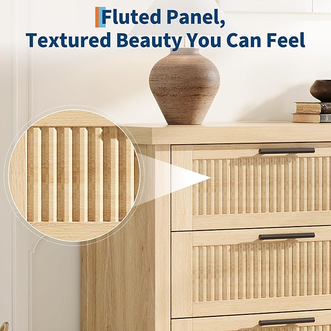 GarveeHome Fluted 6 Drawer Dresser for Bedroom, 47.4 in Wide Mid Century Modern Chest of Drawers, Wooden Fluted Dresser Chest with Clothes Storage Cabinet, Drawer Organizer for Living Room, Natural