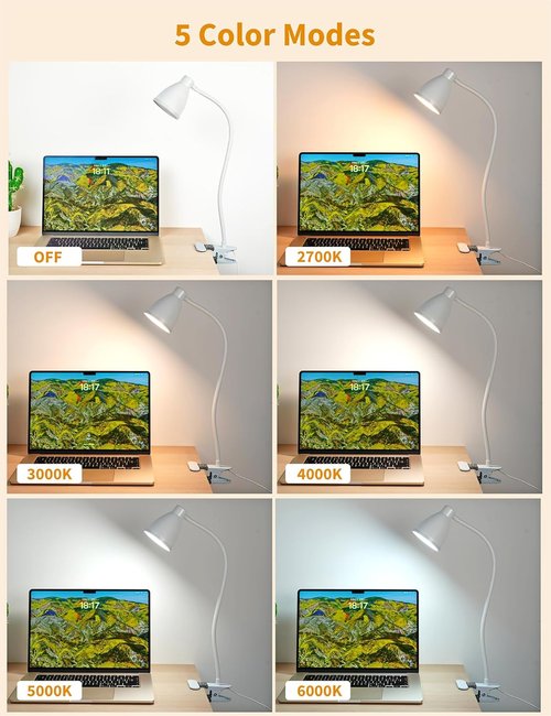 BOHON Clamp Lamp - 5 Color Modes & 10 Brightness Levels - 10W 38 LED Desk Light with Flexible Gooseneck - White