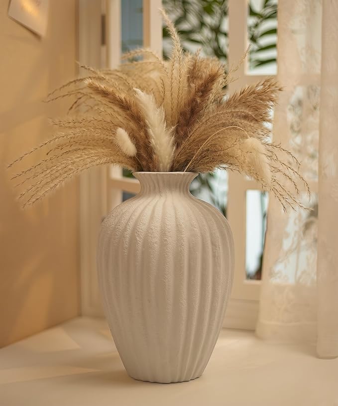 Handmade Ceramic Decorative Vase – Warm White Rustic Textured 10.4” Round Vase with Irregular Waves and Weathered Stone Finish for Home, Office, Farmhouse Decor
