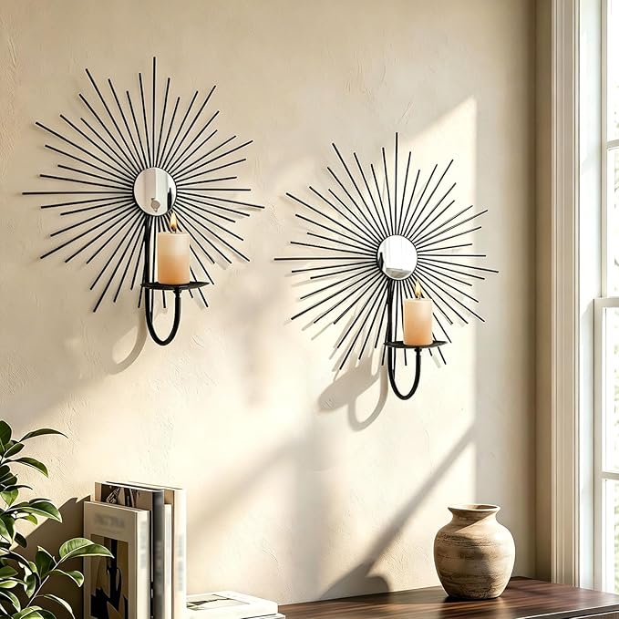 2 Set Candle Sconces Wall Decor for Living Room Metal Sunburst Mirrored Modern Gold Wall-Mounted Candle Holder Sconces Hanging Mounted Fireplace Farmhouse Wedding