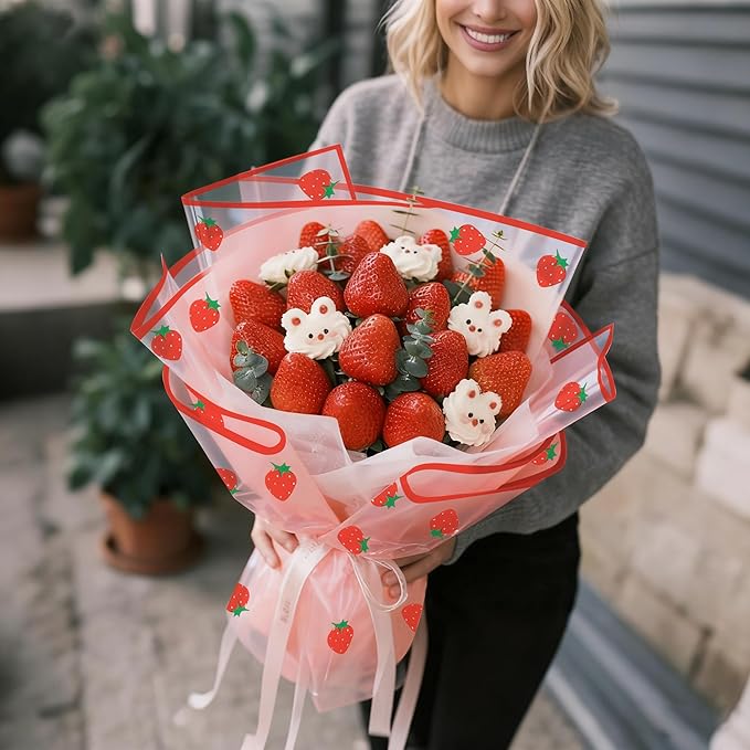 WRAPAHOLIC 20 Sheets Flower Wrapping Paper - 22.4 x 22.4 inch Red Strawberry Water-Resistant Floral Bouquet Wrapping Paper, Florist Supplies Packaging for Graduation Ceremony Gift DIY