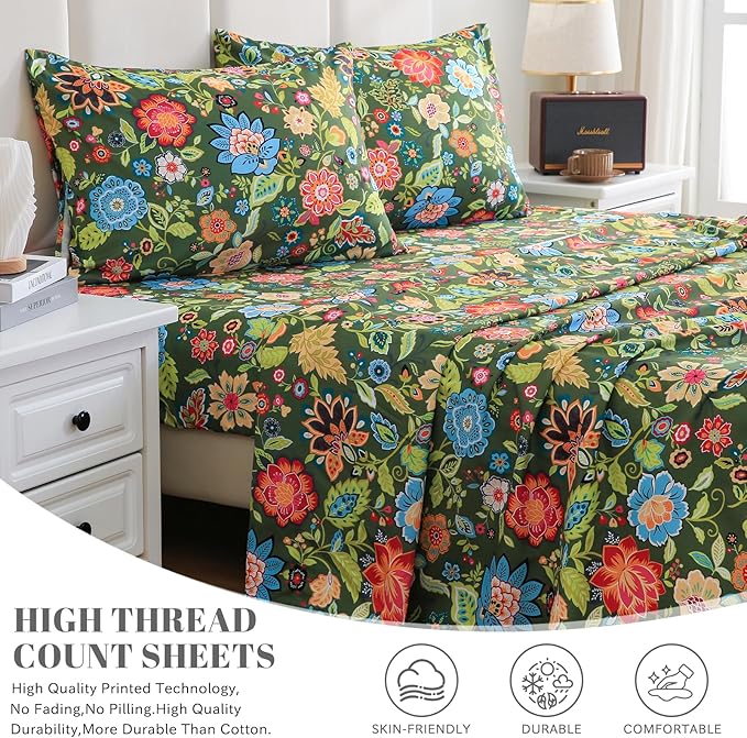 Bedlifes Queen Sheet Set Ultra Soft, Breathable, Silky Flower Deep Pocket 100% Microfiber Bedding, 4 Piece Queen Size with Floral Dark Green