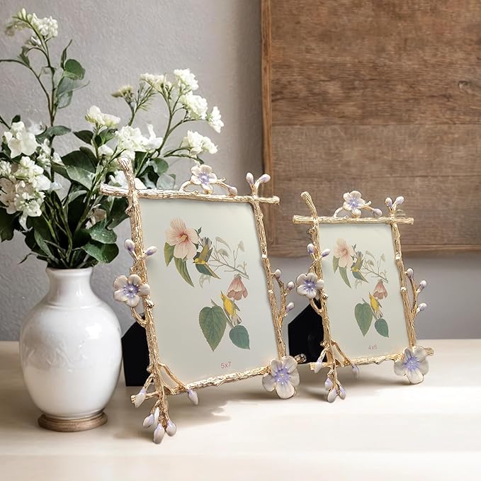 Vintage 4X6 Purple Picture Frame with Enamel Finis Glass Front - Ornate Antique Metal Flowers Photo Frame Tabletop/Wall Display Bedroom, Anniversary, Wedding Decorations and Gifts