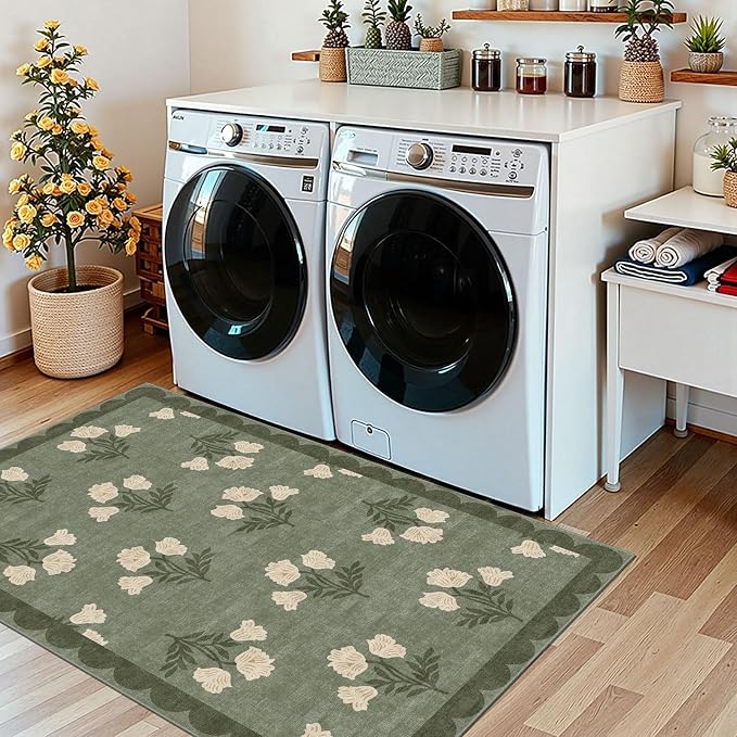 Floral Outdoor Rug - 28" x 43" Front Door Mat Indoor Outside Entrance Non-Slip Washable Outdoor Mat Sage Green Spring Scalloped Rug for Entryway Kitchen Bedroom Layered Doormat for Front Porch