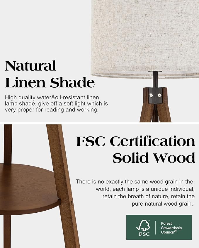 ELYONA Tripod Floor Lamp with Table, Mid Century Wood Shelf Standing Light Modern Tall Floor Lamp with Linen Shade for Living Room Bedroom Office,Dark Brown, 3 Color Temperatures LED Bulb Include
