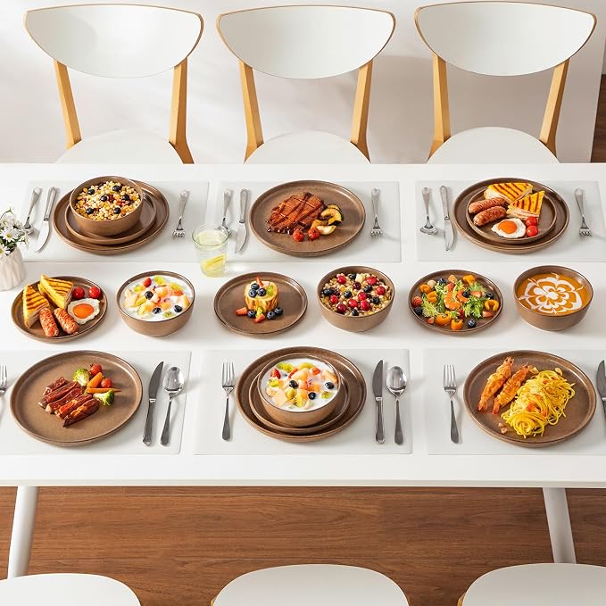 vancasso Plates and Bowls Sets, 18 Pieces Stoneware Dinnerware Set for 6, Ceramic Dish Set for Kitchen, Microwave and Dishwasher Safe, Muted Brown, Series ZERMATT