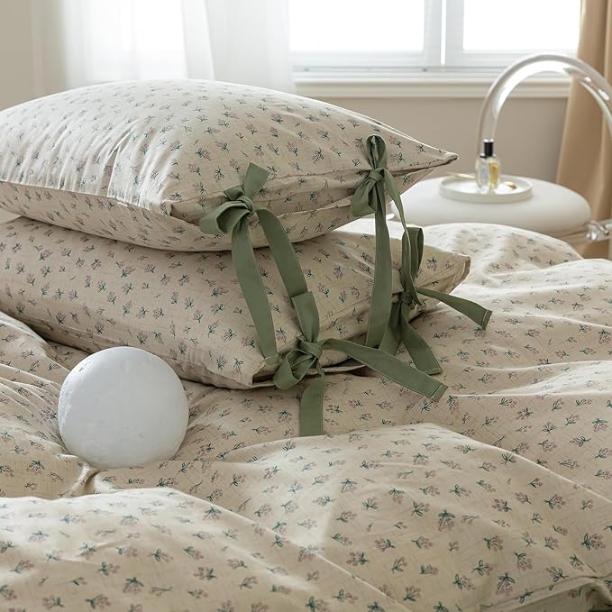 VM VOUGEMARKET Green Flower Comforter Set Twin,Vintage Floral Comforter with 2 Bow Ties Pillowcases Botanical Bedding Comforter Set for Girls Women(3pcs,Twin XL)