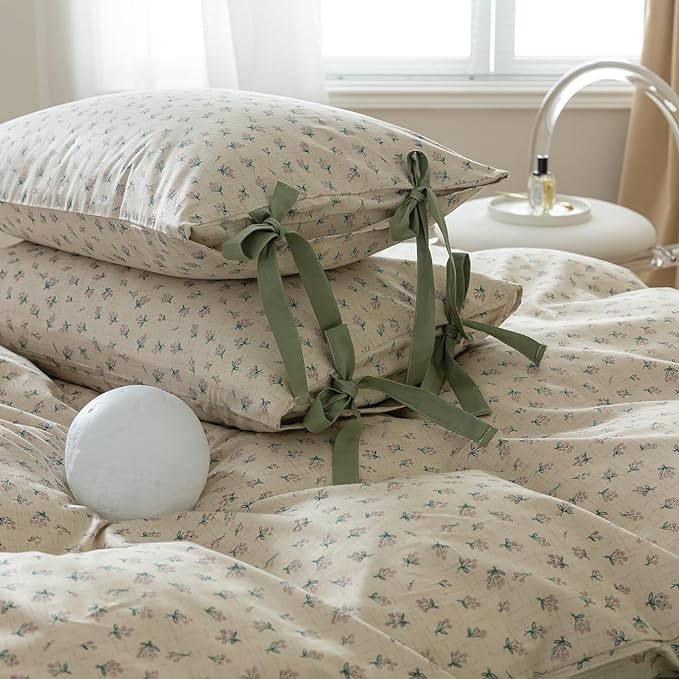 LifeTB Vintage Floral Duvet Cover Full Garden Style Aesthetic Green Flower Comforter Cover with Zipper Closure Boho Cottagecore Duvet Cover Botanical Cotton Comforter Cover with 2 Bowknot Pillowcases