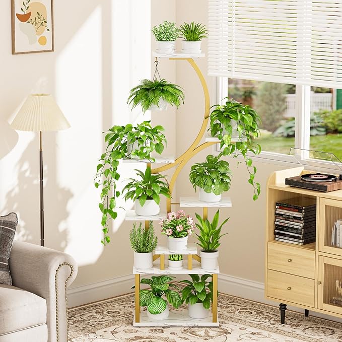 Plant Stand with Grow Lights for Indoor Plants, 8-Tiered Tall Corner Plant Shelf with Full Spectrum Light, S-Shaped Space-Saving Narrow Flower Holder, Anti-Tip for Living Room Bedroom, Faux Marble