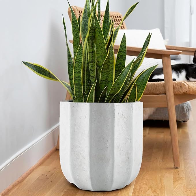 Ilyapa 14 Inch Tall Modern Concrete Planter - 14.5x14 Inch Outdoor/Indoor Plant Pots with Drainage - Cement Vase Planters for Plants, or Tree