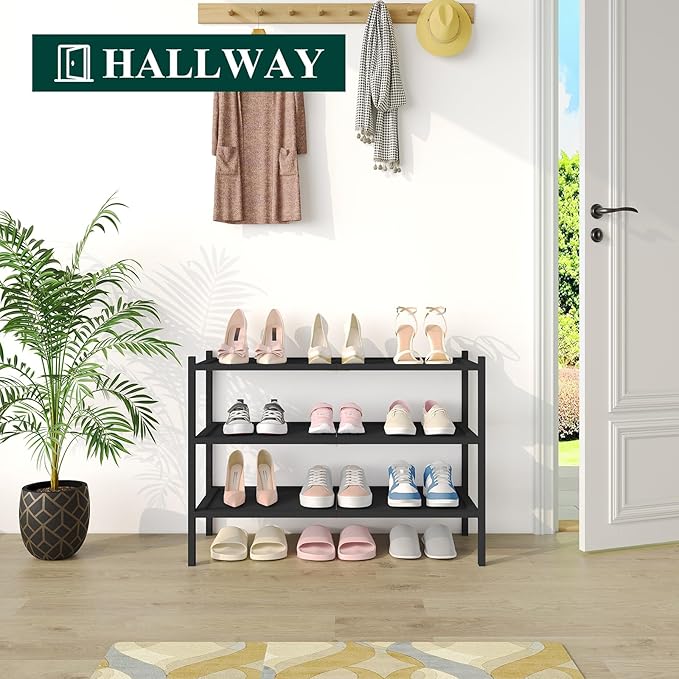 Smiry Bamboo Shoe Rack, 3 Tier Shoe Organizer for Entryway & Closet, Stackable Free Standing Storage Shelf for Shoes, Bags & Plants, Black
