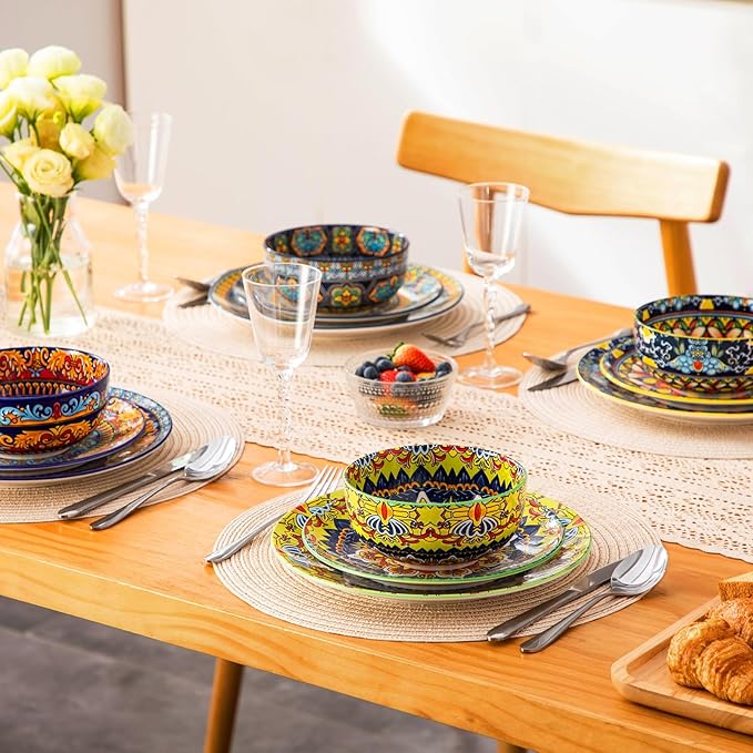 vancasso Plates and Bowls Sets,12-Piece Porcelain Dinnerware Set Service for 4, Bohemian Style Dishes Set for 4, Kitchen Dinner Set, Microwave and Dishwasher Safe, Scratch Resistant, Series KRVI