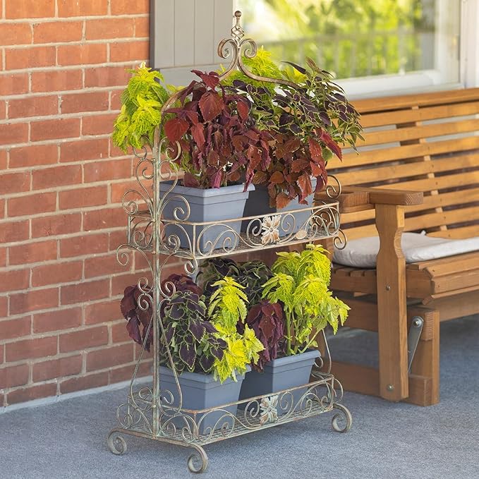 Zaer Ltd. Two Tier Rectangular Ornate Metal Plant Stand (Frosted Green)