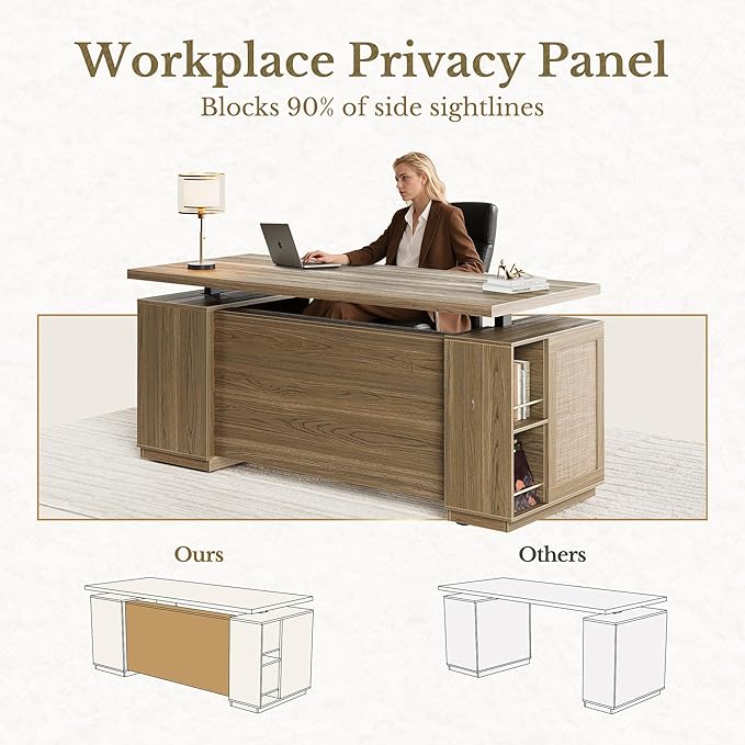 70" Standing Desk with Storage, Executive Electric Height Adjustable Stand Up Desk with AC/USB and Privacy Panel, Large One-Piece Destop, Rattan Computer Desk for Home Office, Natural Oak
